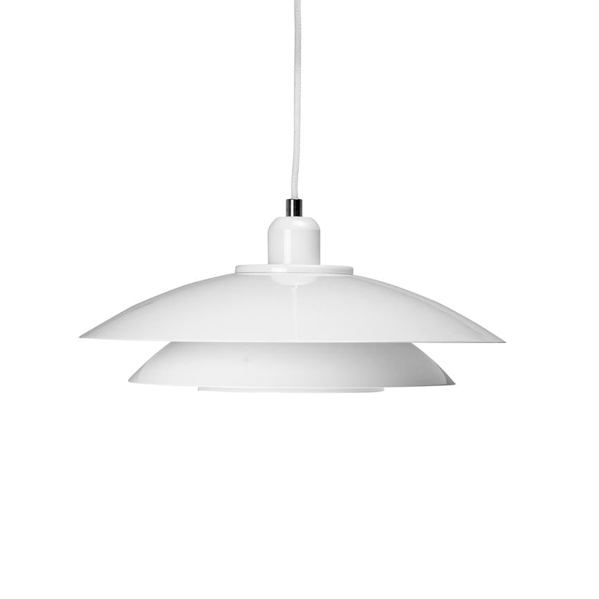 White metal pendant lamp hangs from a fabric cord, with three conical shades in layers, switched off, against a uniform white background.