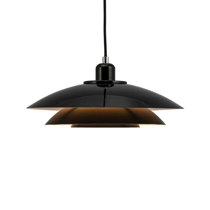 A black pendant lamp hangs from a fabric-covered cord; three layers of curved shades distribute warm, downward lighting; isolated against a pure white background.