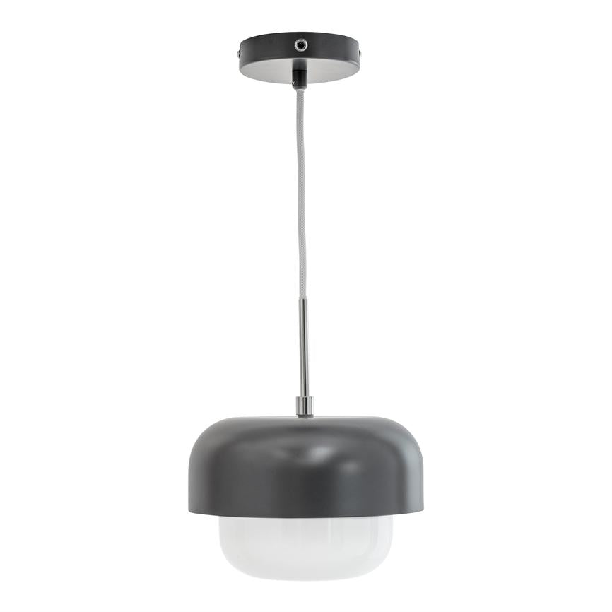 Ceiling lamp with dark grey, round dome and white opal glass dome hangs from a thin fabric-covered cord with chrome rod, against a neutral white background.