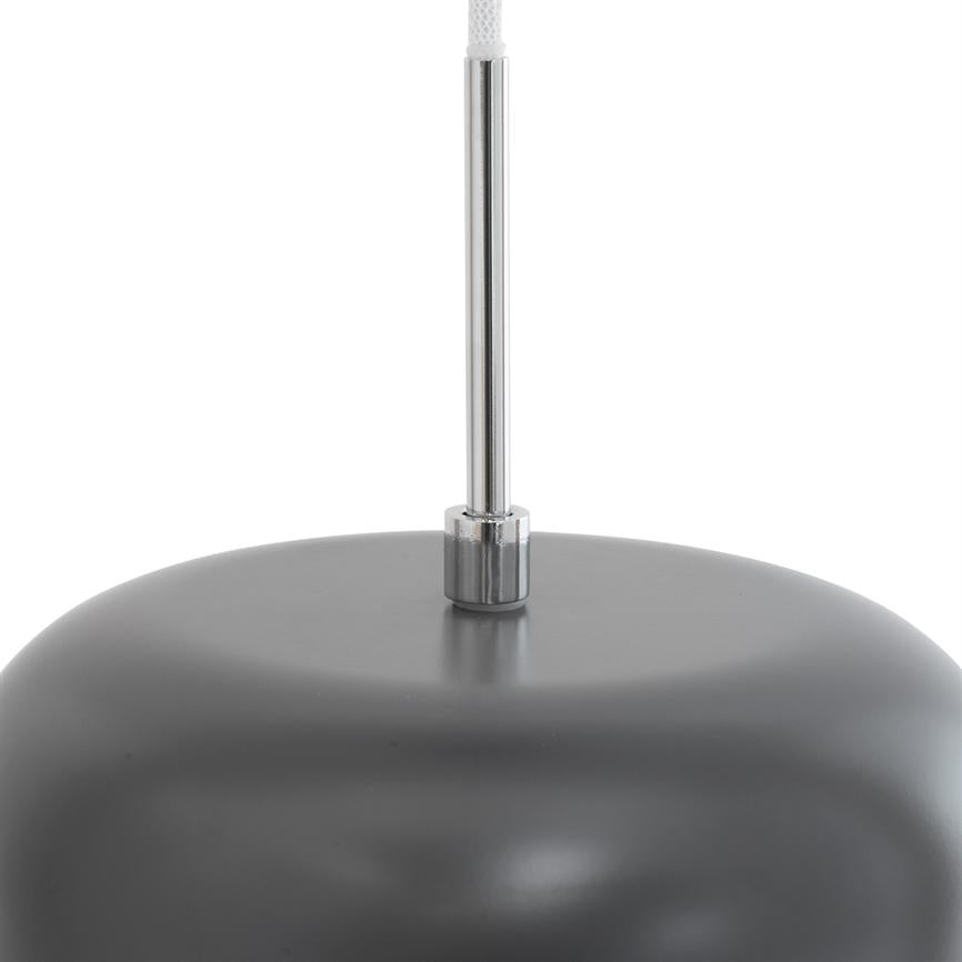 A matte gray round lampshade hangs attached to a slim chrome rod with braided white cord; closely cropped against a uniform white background.