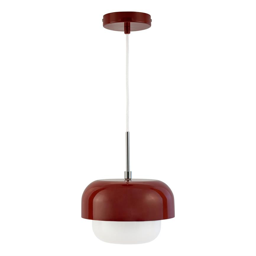 A round, glossy red ceiling pendant hangs from a white textile cable with a chrome rod; it has a white opal glass diffuser and is seen isolated against a pure white background.