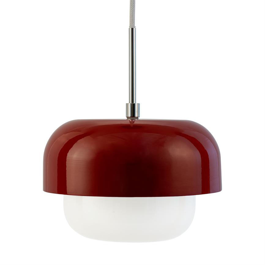 Red metallic pendant hangs from a chrome rod above a round white opal glass dome; minimalist, glossy surface and soft silhouette against a neutral white background.