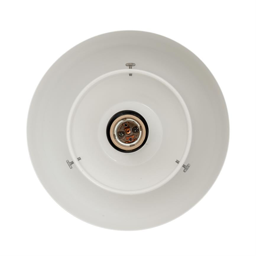 White metal lampshade, showing an empty bulb socket in the center and three fixing clips, viewed from below against a neutral white background.