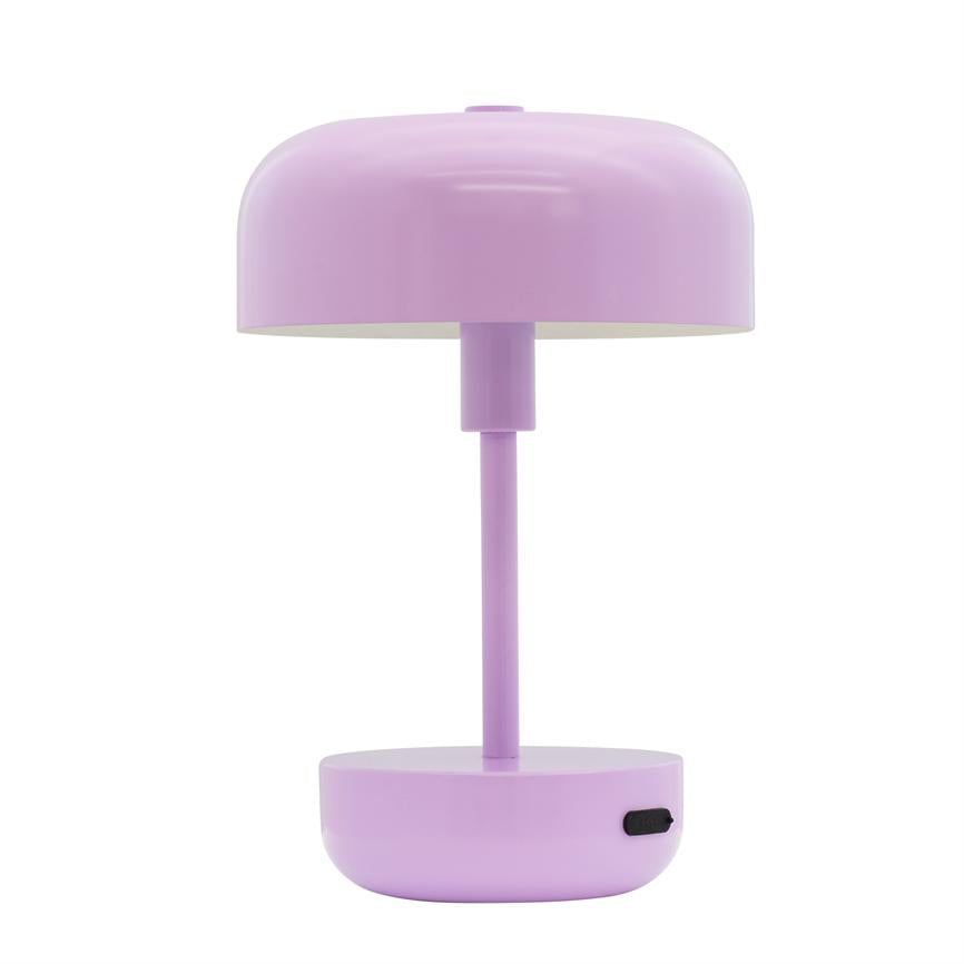 Light purple table lamp stands upright on a thin central pole, with round dome-shaped shade and round base; simple, modernist design on a uniform white background.