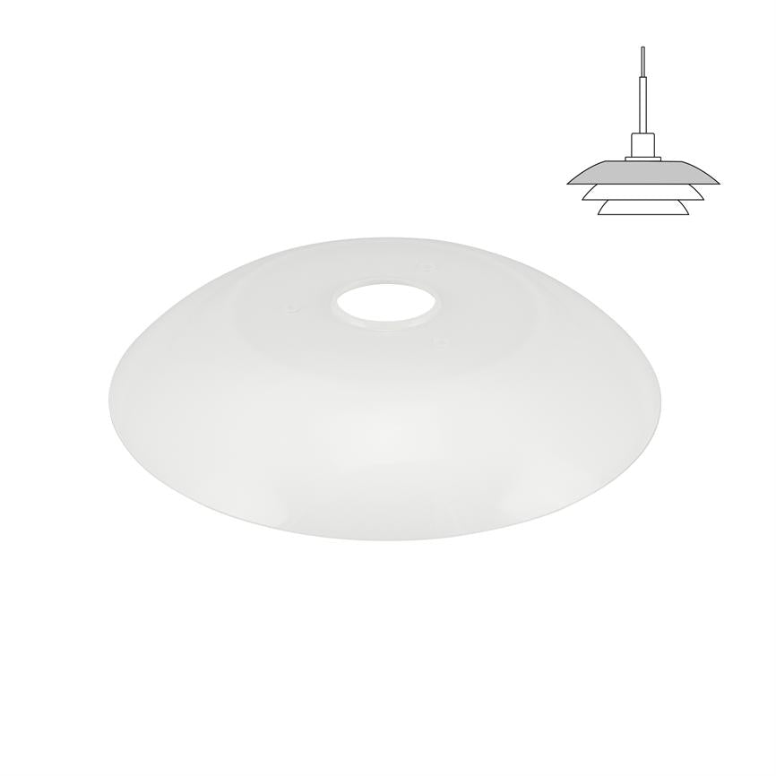 White round lampshade with central round hole; lies on a white background. At the top right, a small line drawing of a three-layer pendant lamp shows the installation concept.