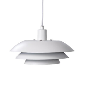 A white ceiling light hangs from a fabric-wrapped cable; three layered, flat metal screens create a modern, minimalist expression against a uniform white background.