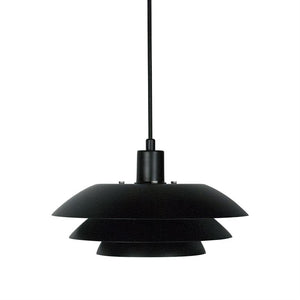 Black hanging lamp with three layered, matte, flat round shades, hangs in a black textile cord above a simple white background.