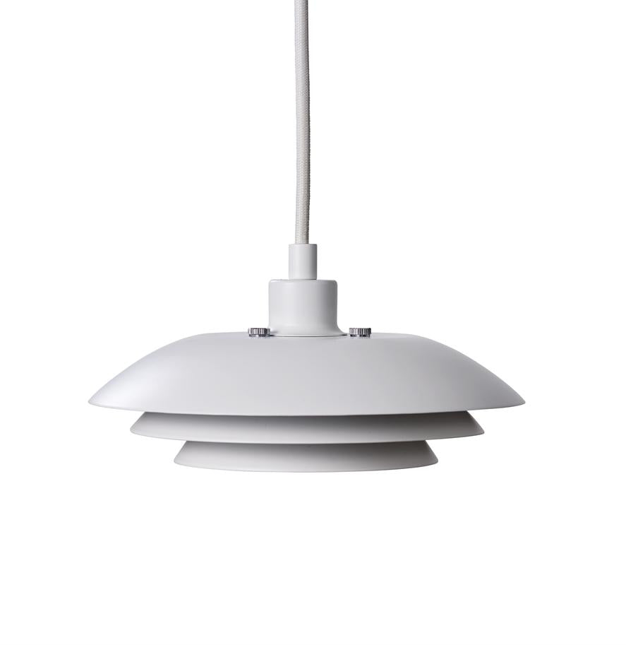 White round pendant lamp hangs from a fabric-covered cable; it has three layered, disc-shaped screens and appears minimalistic against a uniform white background.