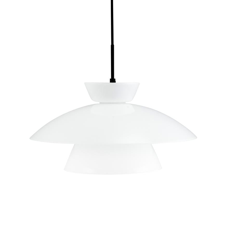 A white pendant lamp hangs from a black cord, with three bowl-shaped, layered shades that spread soft, diffused light; the background is pure white and the lamp is seen in isolation.
