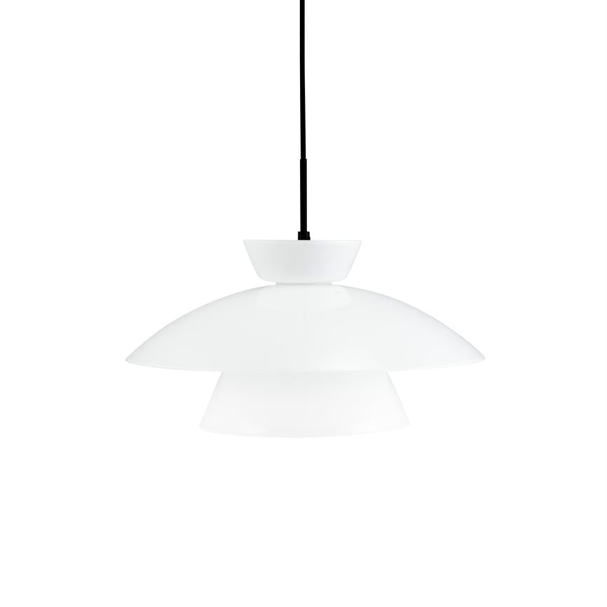 A white pendant fixture hangs from a black cord over a white background; the screen consists of three layered, round discs that spread soft, diffused light.