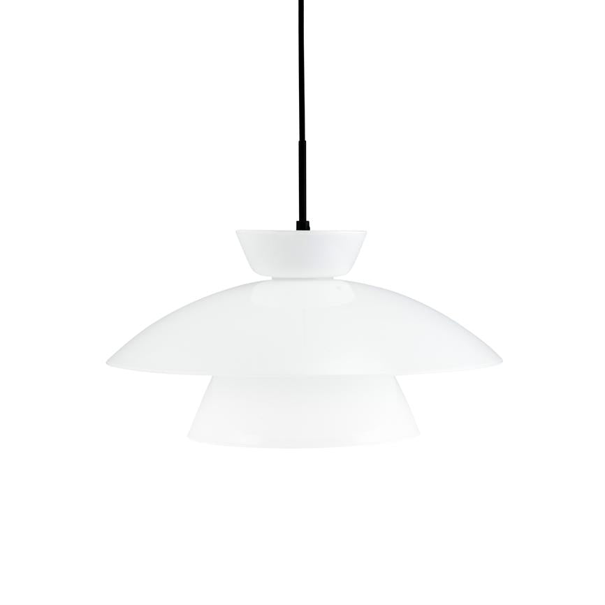 A white hanging lamp hangs from a black cord; three layered, rounded shades create a diffuse light distribution. The object is seen isolated against a neutral, white background.