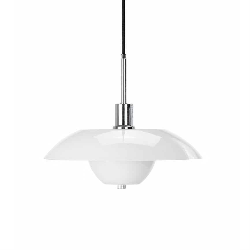 A white round pendant lamp with a double shade and chrome detail hangs from a black cord above a neutral white background.