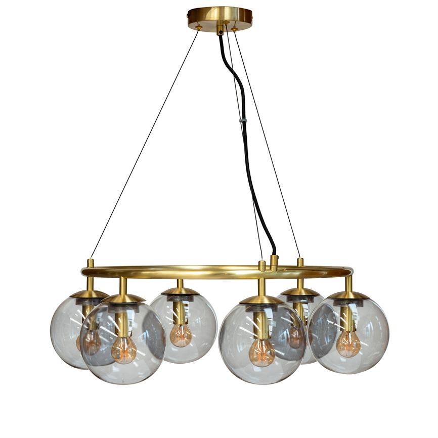 Ceiling lamp with brass ring and six clear glass domes, each containing a visible incandescent bulb; suspended by three black cables from a round ceiling panel against a white background.