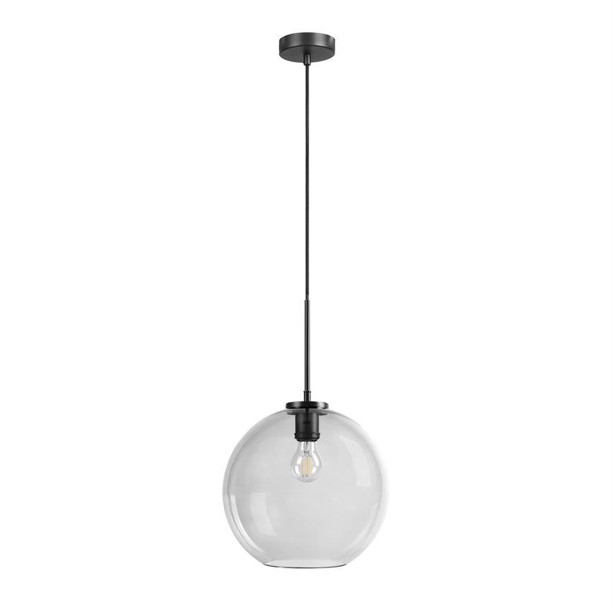 A round, clear glass pendant hangs from a black cord, holds a visible LED bulb and floats in isolation against a uniform white background.