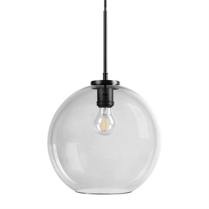 Glass pendant: clear, spherical shade encloses an exposed LED bulb, mounted in a black socket and suspended by a black cord against a neutral white background.