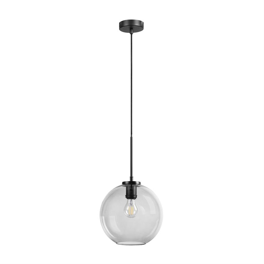 A pendant lamp with a clear glass globe hangs from a black cord; a visible bulb in a black socket sits in the globe, suspended from a round ceiling rose against a white background.