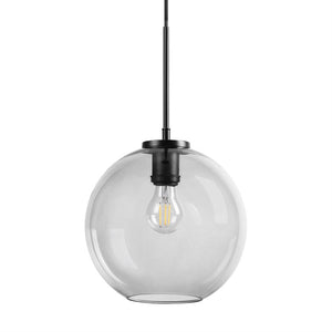 A round, clear glass shade hangs from a black cord, encloses a visible LED bulb in a black socket and appears as a modern pendant lamp against a uniform white background.