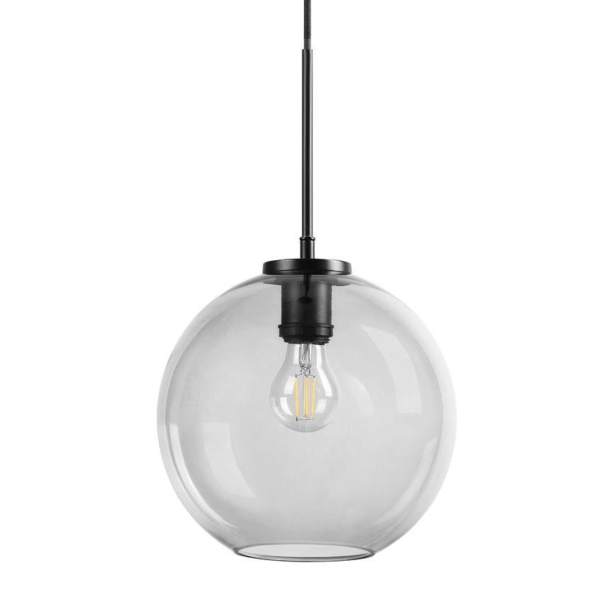 A round, clear glass shade hangs from a black cord, encloses a visible LED bulb in a black socket and appears as a modern pendant lamp against a uniform white background.