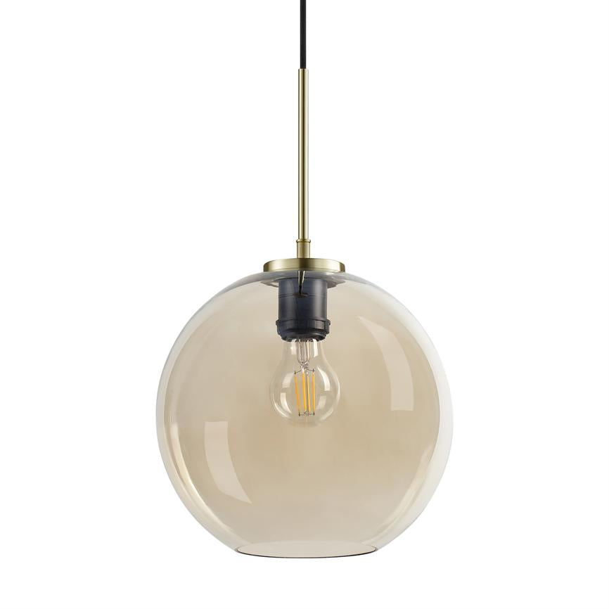 Centrally hung pendant lamp, with round clear glass ball, visible filament bulb and black socket mounted on a brass rod against a neutral white background.