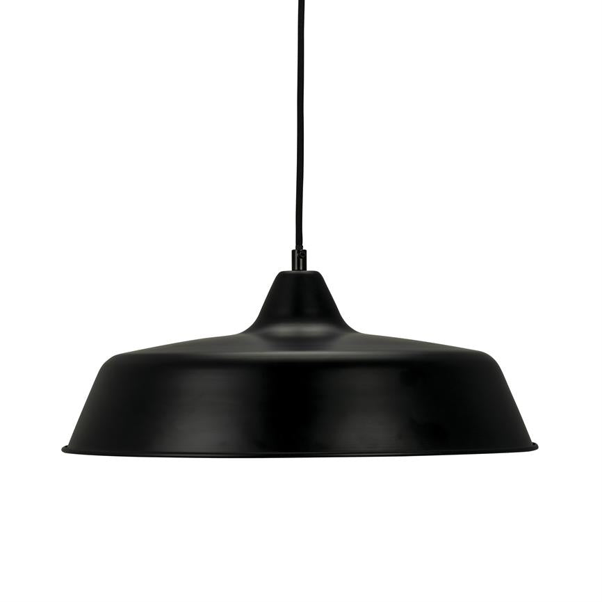 Black metal pendant lamp hangs from a thin black cord, shielding light downwards with a wide, flat shade against a uniform white background.