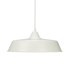 White metal pendant hangs from a thin wire; it has a wide, low screen and is viewed against a neutral, white background.