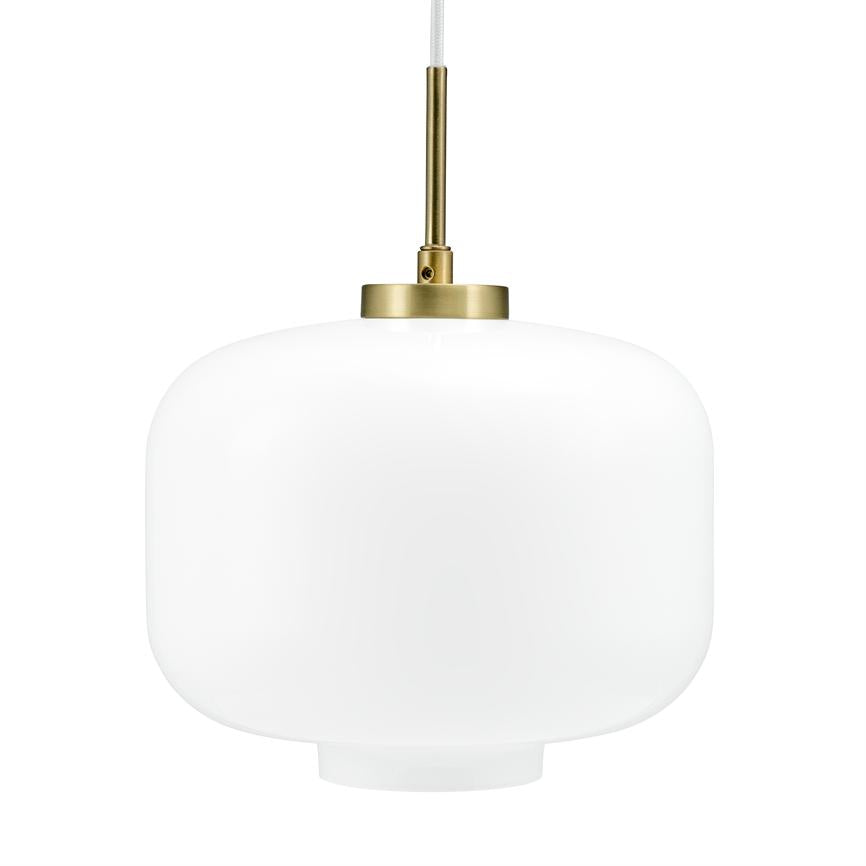 A white opal glass pendant hangs from a white textile cord with a brass socket; smooth, rounded shape is seen against a solid white background.