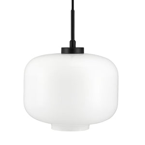 A white, round pendant lamp in opal glass hangs from a black cord with a black socket; simple matte finish against a neutral white background.