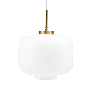 Ceiling lamp in opal white glass hangs from a white fabric cord, fitted with a small brass socket; round, soft silhouette centrally placed against a uniform white background.