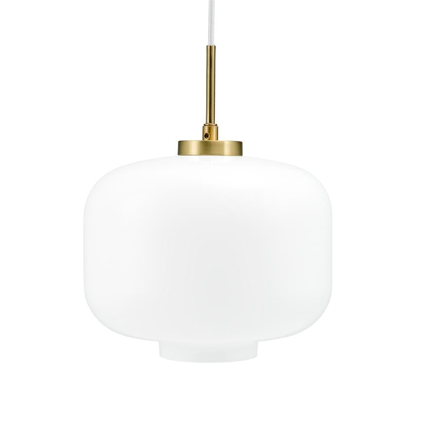 Ceiling lamp in opal white glass hangs from a white fabric cord, fitted with a small brass socket; round, soft silhouette centrally placed against a uniform white background.