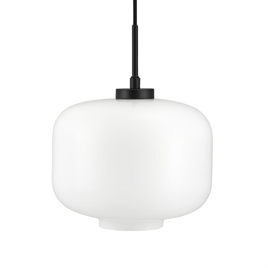 Hanging lamp: a white, soft-edged opal glass dome hangs in a black socket and cord against a uniform white background.