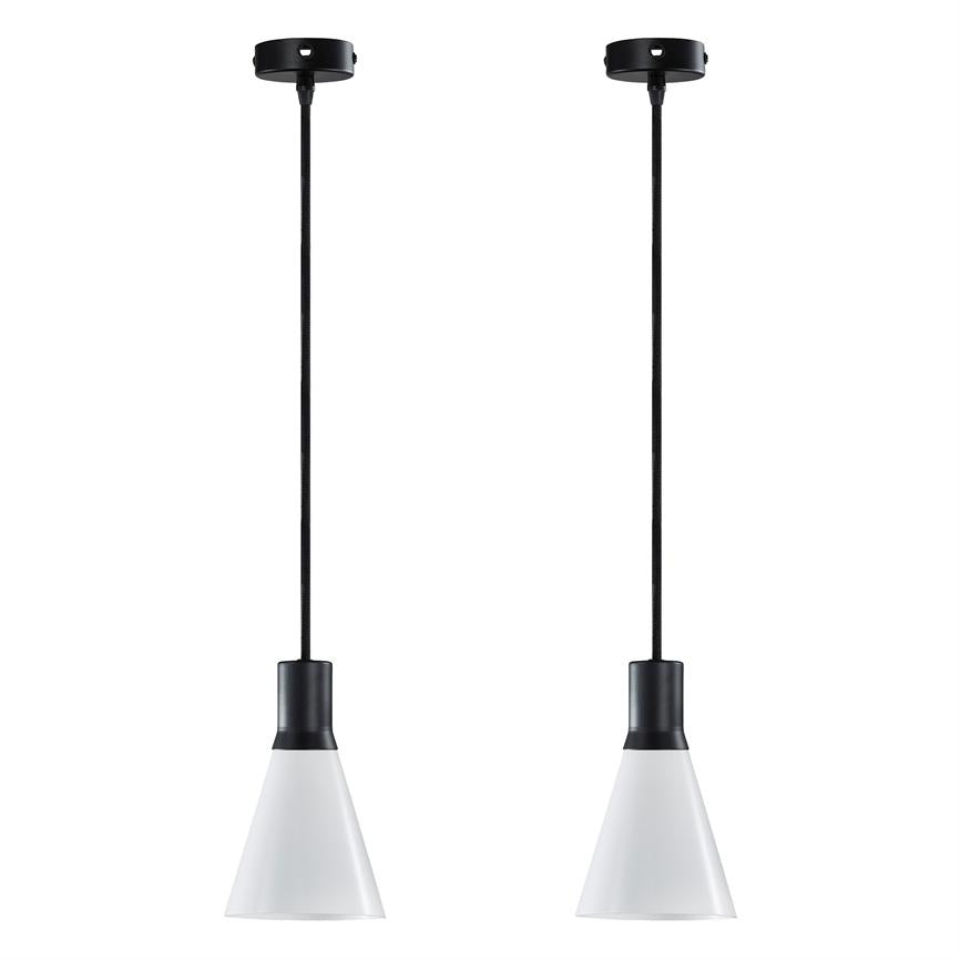 Two white conical pendant with black sockets hang in parallel in black cables over a uniform white background, presented side by side in minimalist style.