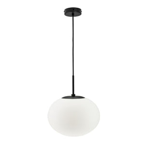 A matte white ball pendant hangs from a black cord and ceiling rose; the lampshade is round, milky glass, against a neutral white background.