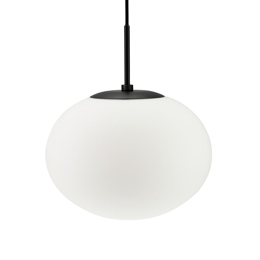 Round opal glass pendant hangs from a black cord; matt white dome with black top bracket against uniform white background.