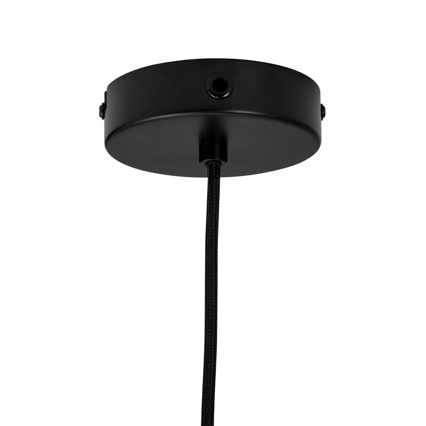 Round black ceiling box attaches a fabric-wrapped black cable, which hangs vertically downwards; viewed from below against a uniform white background, with mounting screws and cable entry visible.