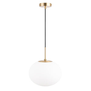 A spherical opal white glass pendant hangs by a black textile cord from a gold colored ceiling panel; gold colored top bracket, simple modern style against white background.