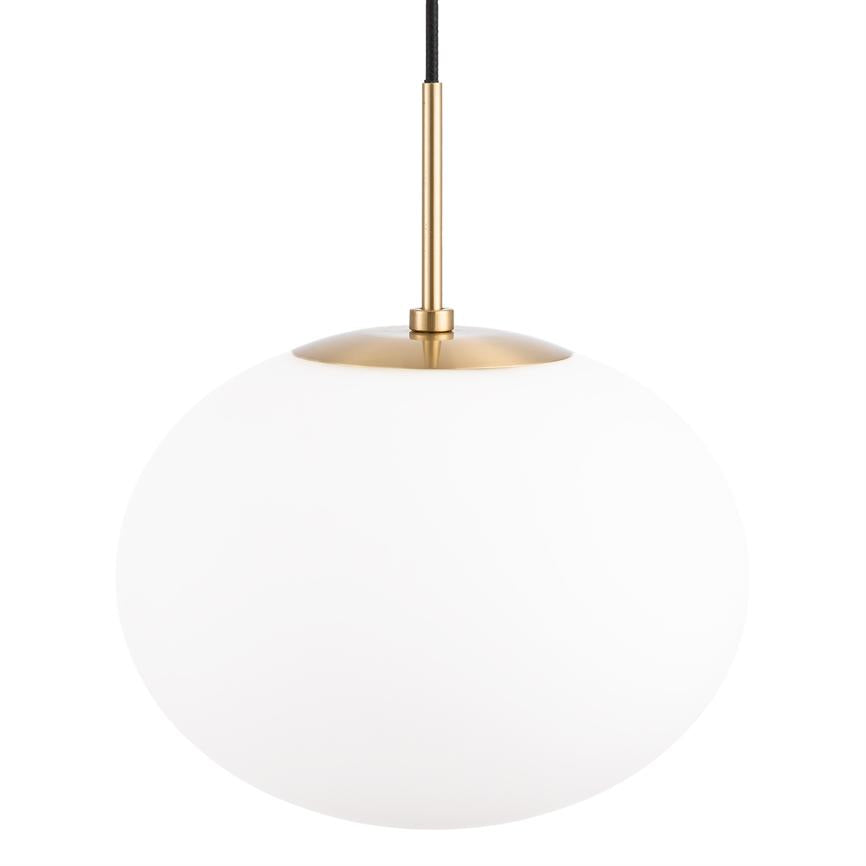 A round white opal glass ball hangs by a black cord from a slender brass rod; at the top a round brass capsule; simple, modern pendant against a neutral white background.