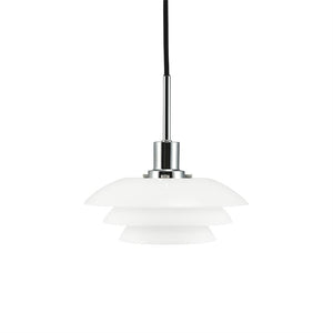 A white layered pendant hangs from a black cord with chrome suspension; three disc-shaped, matte screens are stacked one below the other against a uniform white background.