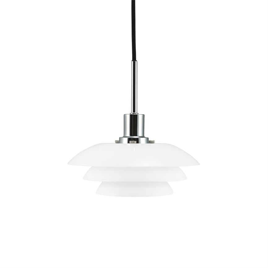 A white layered pendant hangs from a black cord with chrome suspension; three disc-shaped, matte screens are stacked one below the other against a uniform white background.