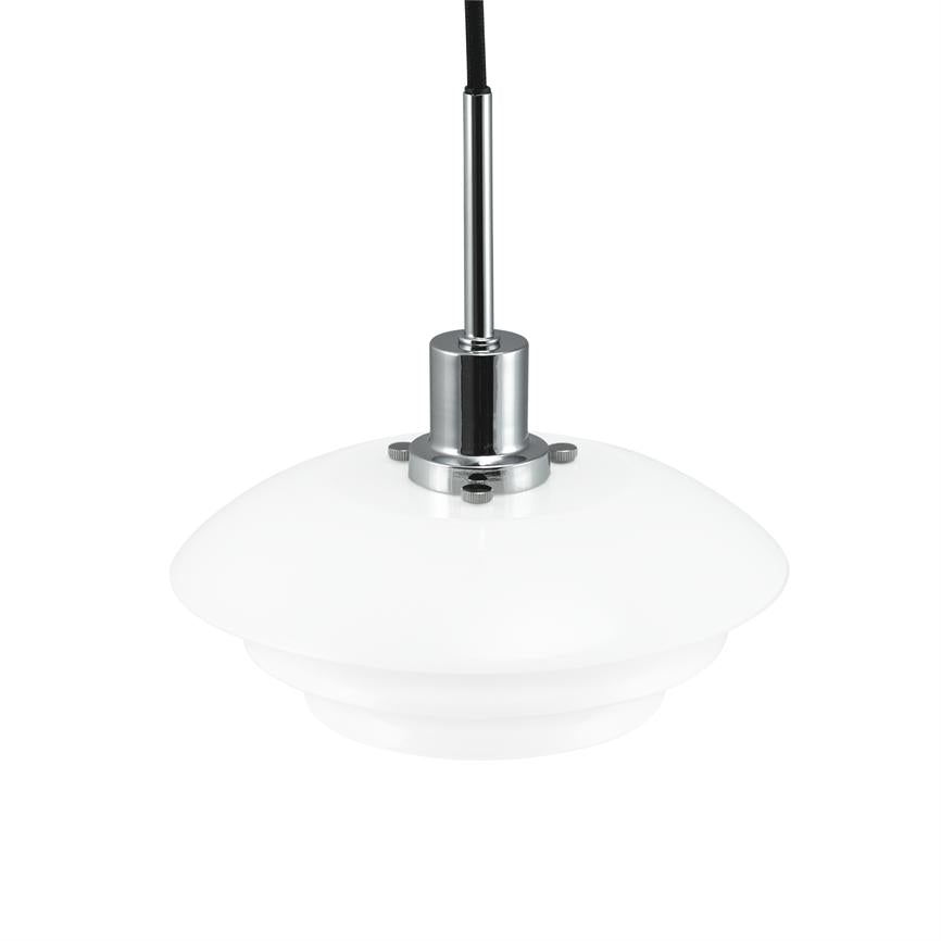 Pendant lamp hangs from black fabric-covered cord and chrome rod; white, double bowl-shaped glass shade with chrome fittings and three small screws; simple studio background in white.