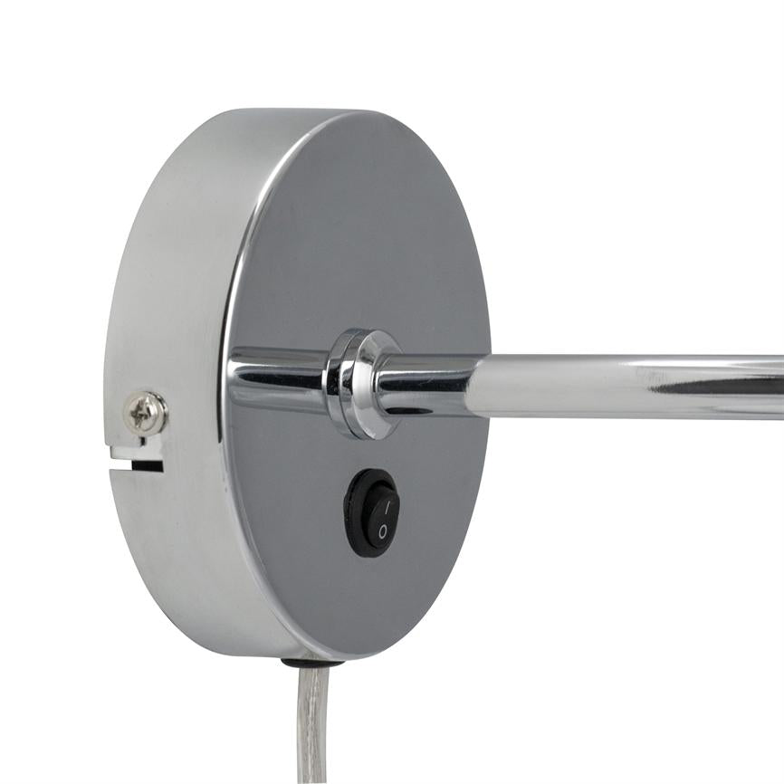 Round chrome wall mounted lamp fitting with an extended chrome arm; a black rocker switch marked 'I' and 'O' sits on the front and a clear cable hangs down.