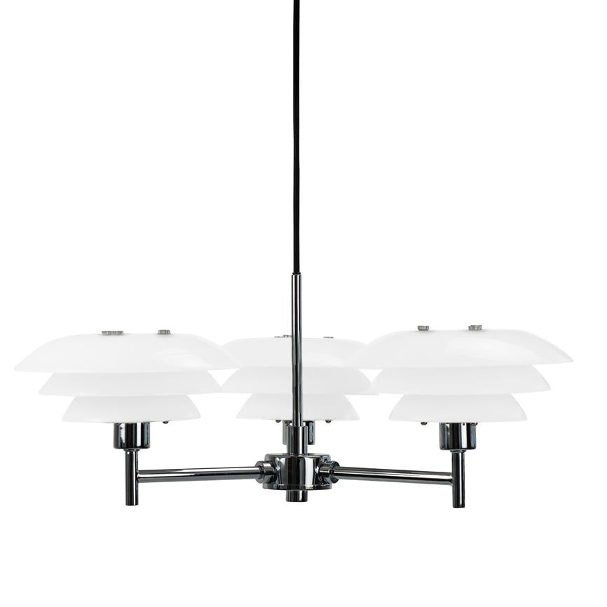 A modern chrome chandelier hangs from a black cord; three arms carry layered white glass shades, isolated against a pure white background.