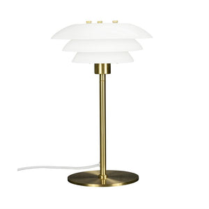 Table lamp with three white shades of opal glass, mounted on a slender brass rod and round brass base; stands with a visible white wire on a neutral background.