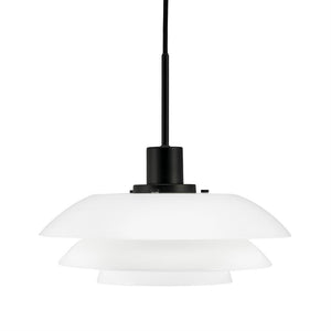 An opal white, three-layer pendant lamp hangs from a black cord; it has three wide, rounded diffuse shades and a black socket, isolated against a white background.