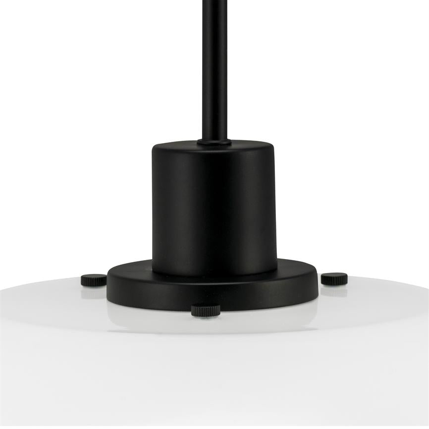 Black cylindrical lamp bracket attaches a round white lamp shade with three small knurled set screws; metal bar continues upwards against a neutral white background.