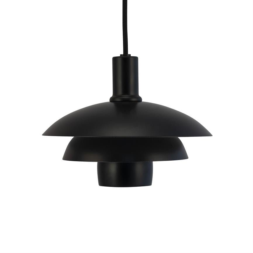 A black one pendant-lamp hangs from a black fabric cord over a neutral white background; it has three tiered, disc-shaped matte screens in a modern, minimalist design.