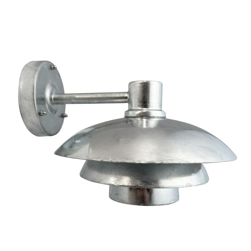 Wall lamp in brushed silver metal mounted on short arm with round wall bracket; triple layered screen casts downward light, isolated against white background.
