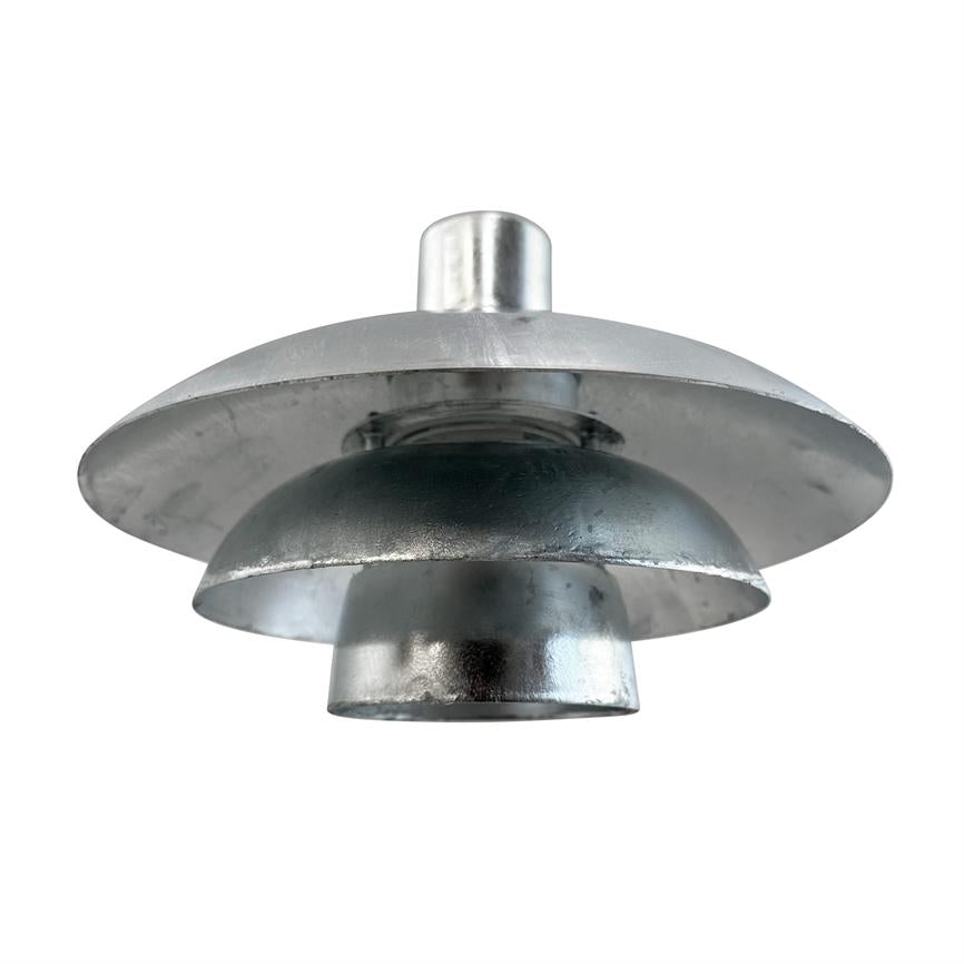 Round metal pendant consisting of three concentric, domed shades; mounting nipple at top; surface glossy, galvanized; placed against a uniform white background.