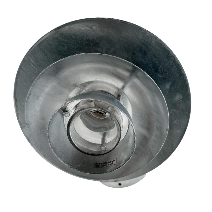 Metal ceiling lamp enclosing a clear bulb in a reflective, round metal can; photographed from above against a neutral white background. Text: "E14 MAX LED 9W 220-240V 50Hz"