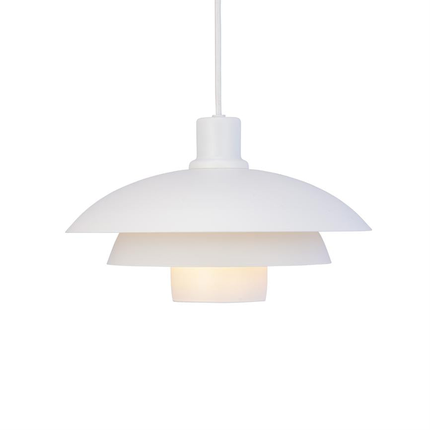 White pendant lamp hangs from a thin cord and emits warm, diffused light through layered, screen-like discs against a neutral white background.