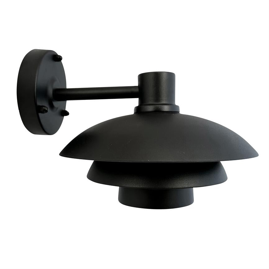 Black metal wall lamp with three-part, bowl-shaped shade, mounted on a short wall arm; the screen faces downwards against a uniform white background.